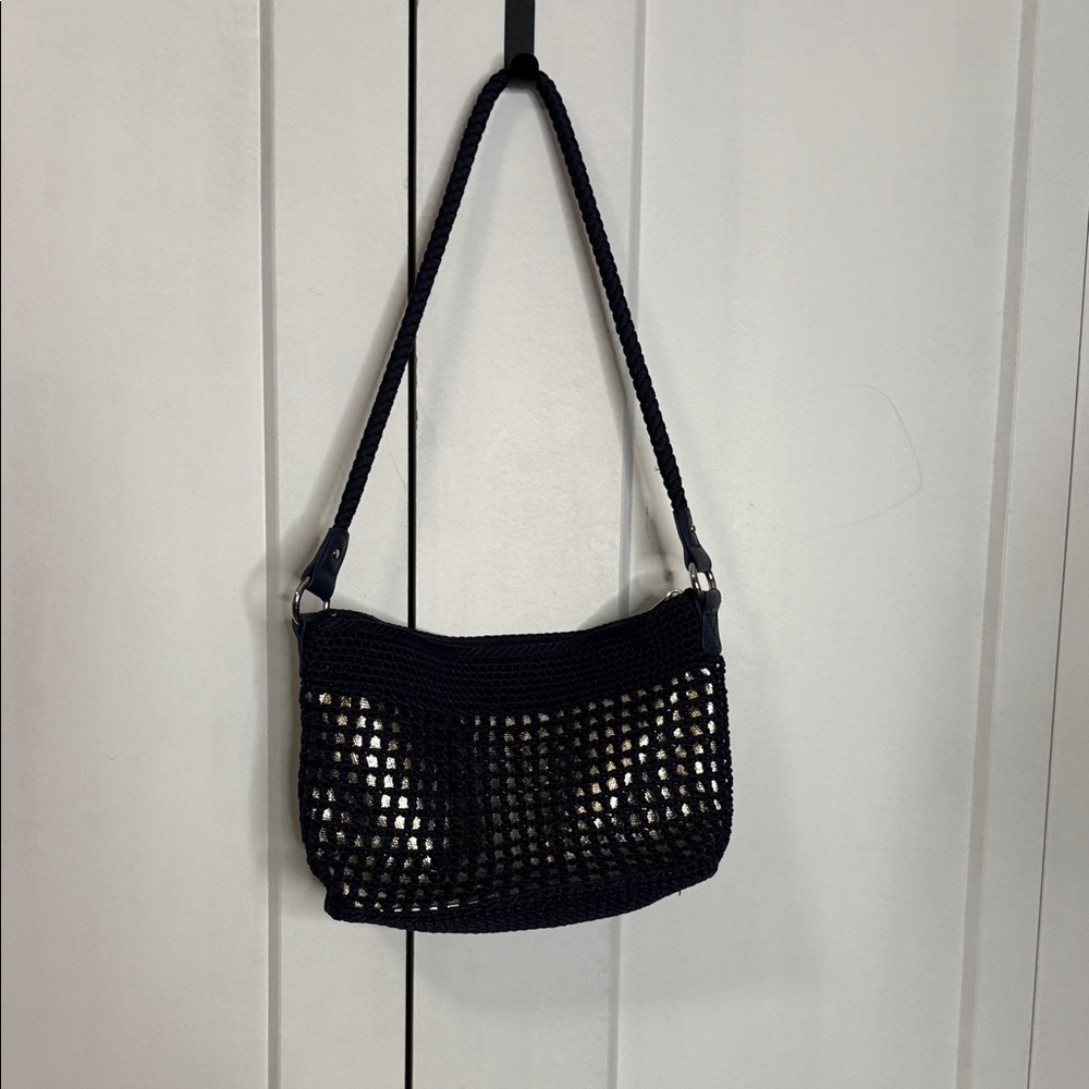 The Sak | Dark Navy Blue Crochet Shoulder bag with gold underlay